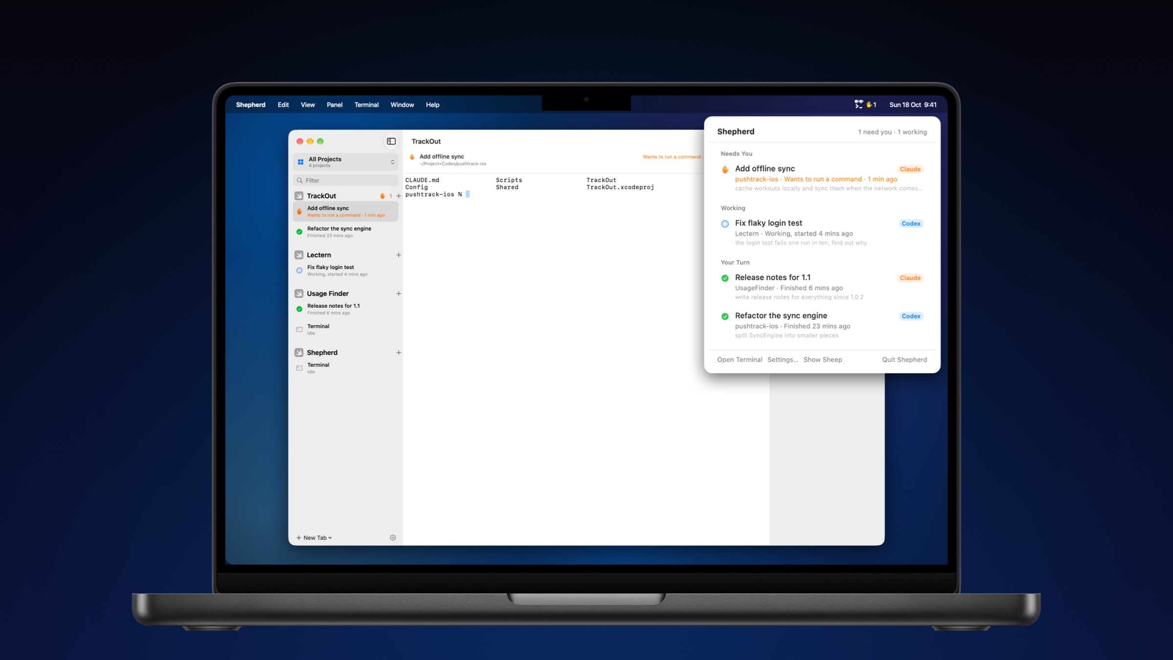 Shepherd — a terminal and menu bar dashboard for AI coding agents
