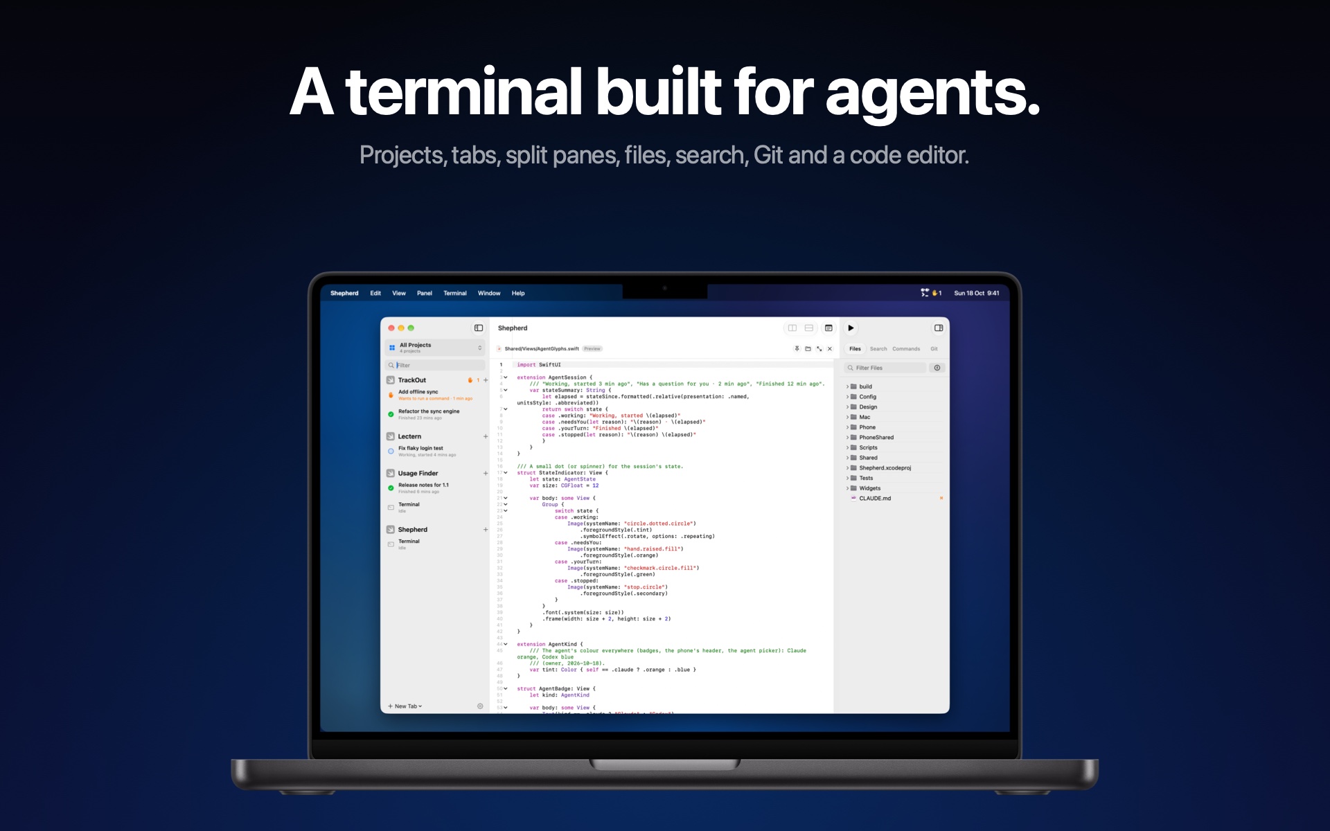 Shepherd's code editor beside the project sidebar and file browser