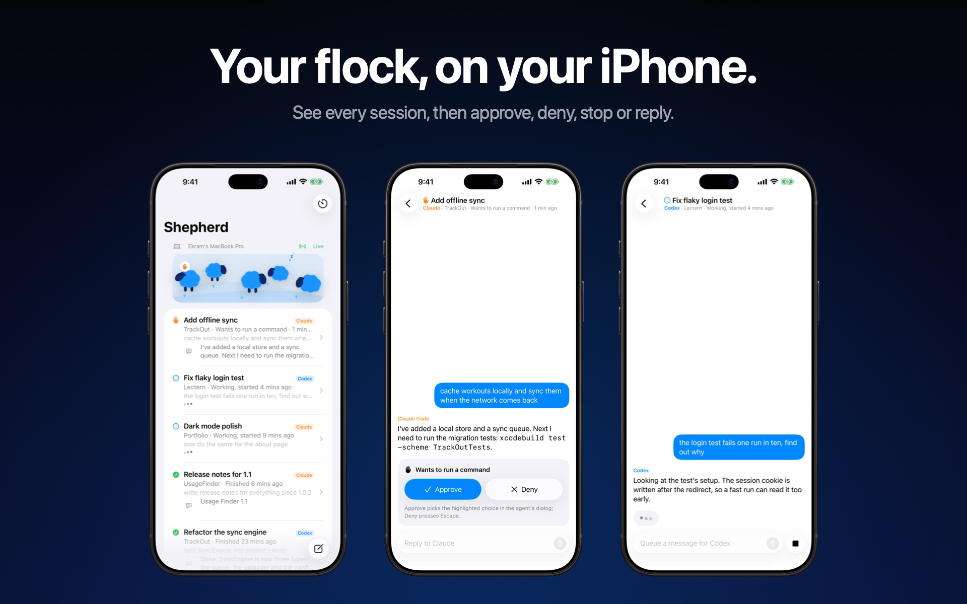 Shepherd on iPhone: the session list, an approval request and a conversation