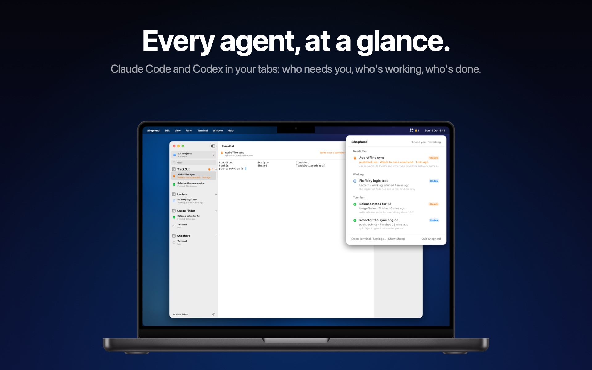 Shepherd's window with its menu bar panel showing agents that need you, are working and are done