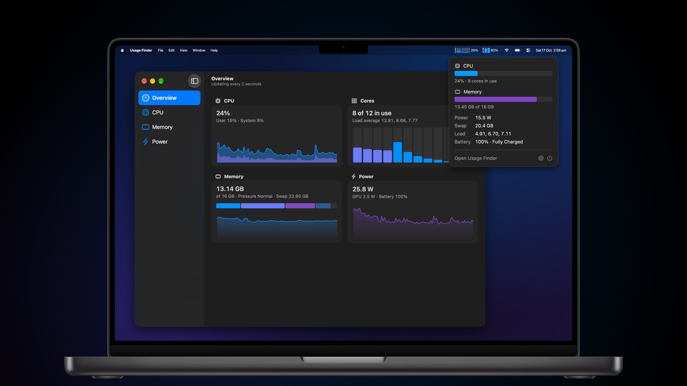 Usage Finder — live system monitor for macOS