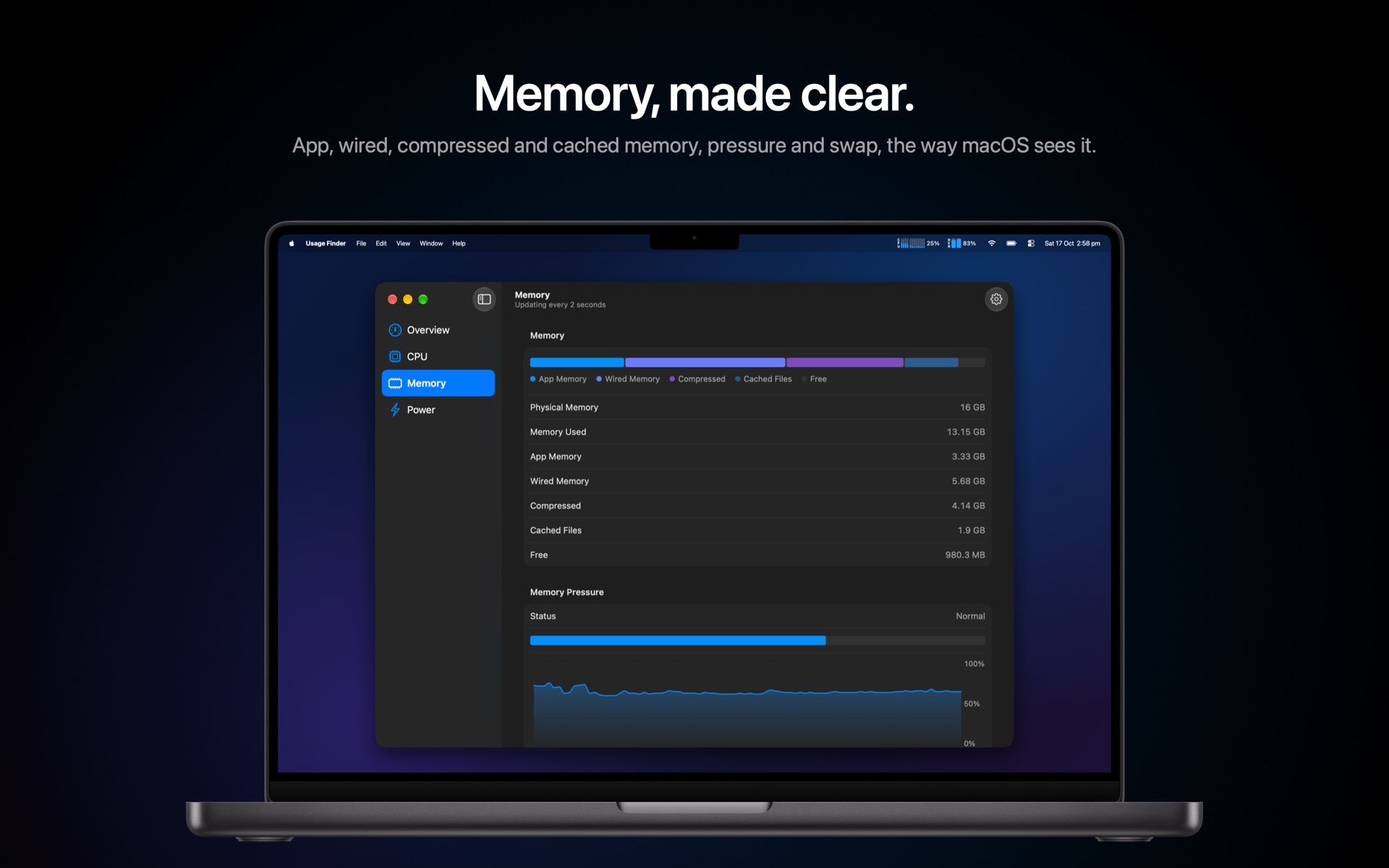 Usage Finder memory breakdown, pressure and swap