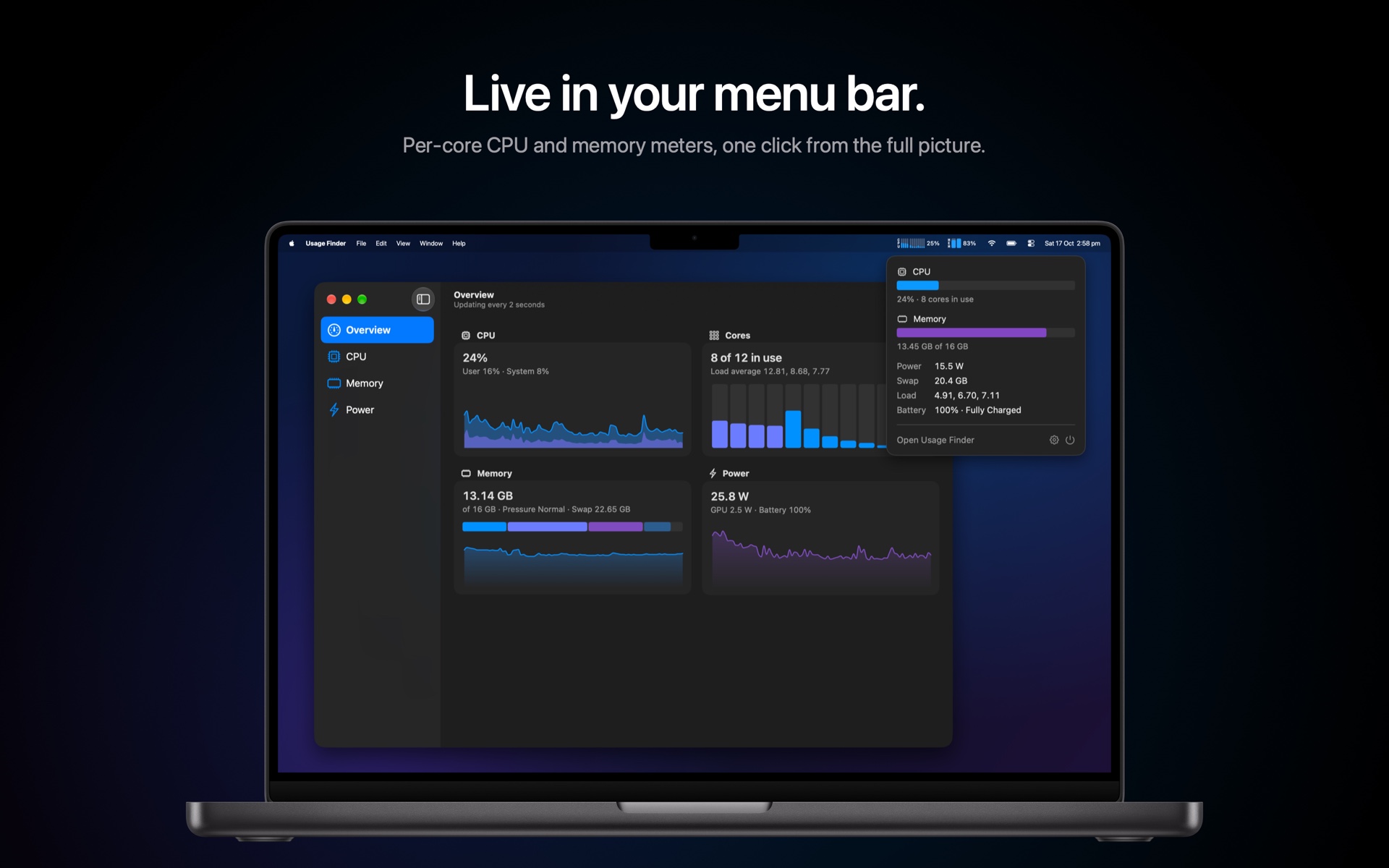 Usage Finder live meters and summary panel in the menu bar