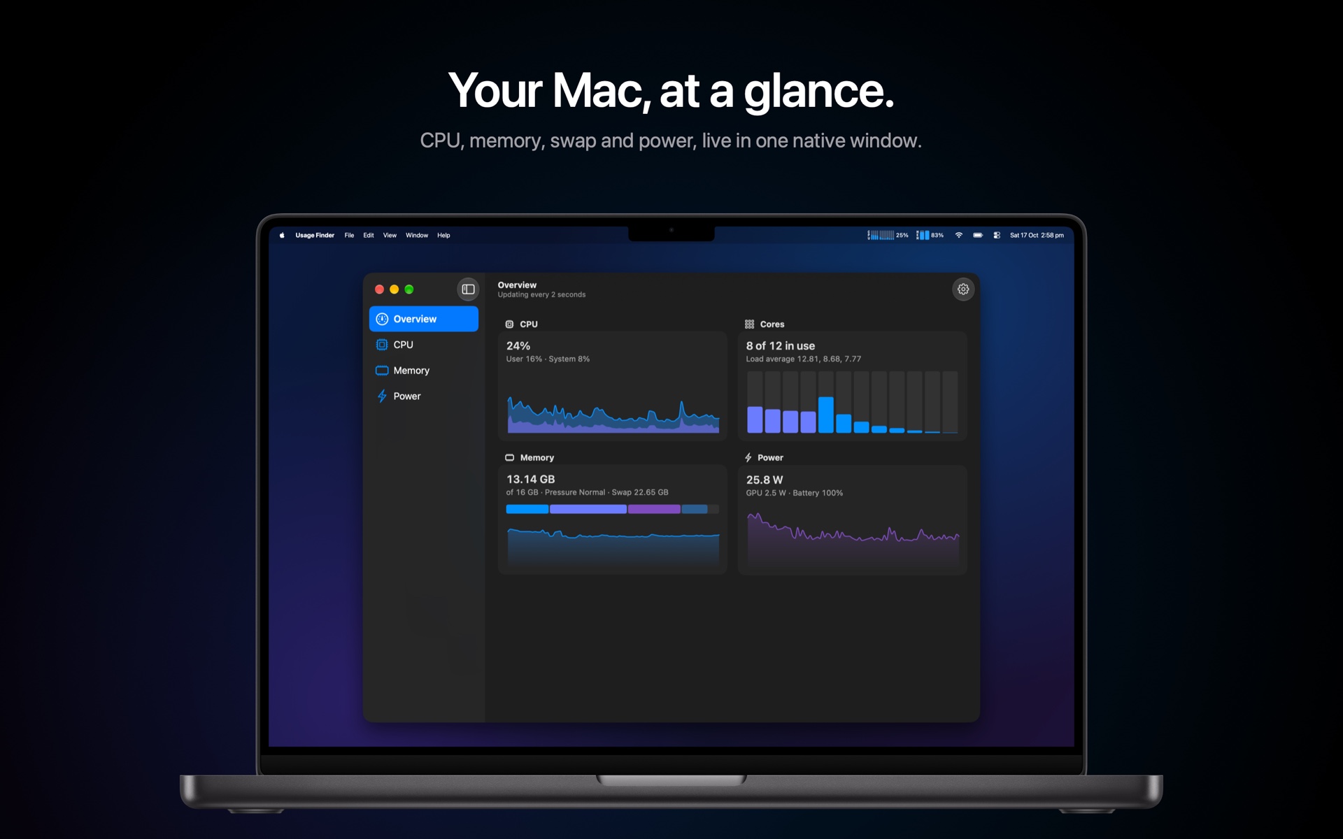 Usage Finder overview of CPU, cores, memory and power