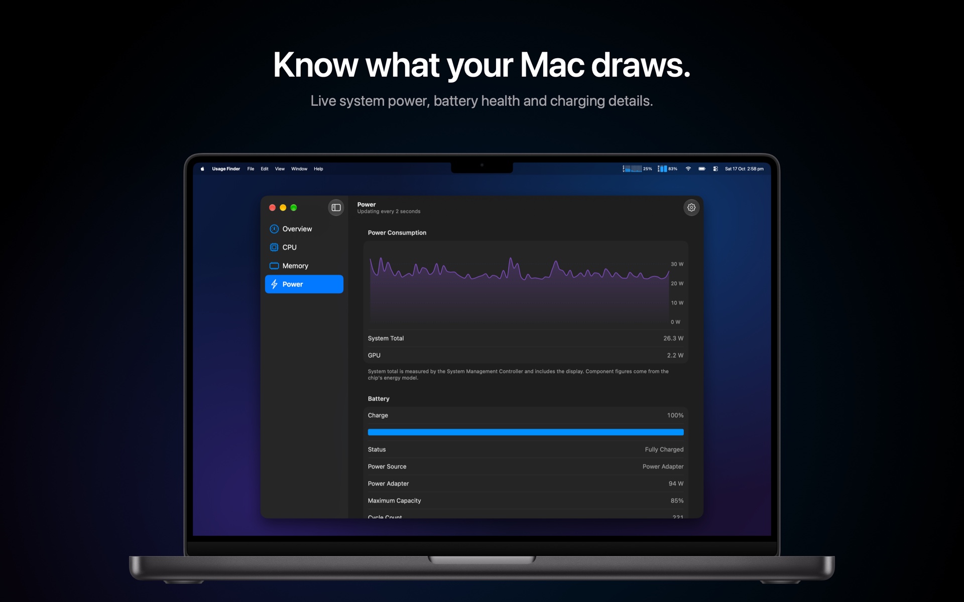 Usage Finder power history and battery details